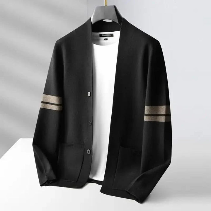 Men's striped knit cardigan with button front, long sleeves and patch pockets