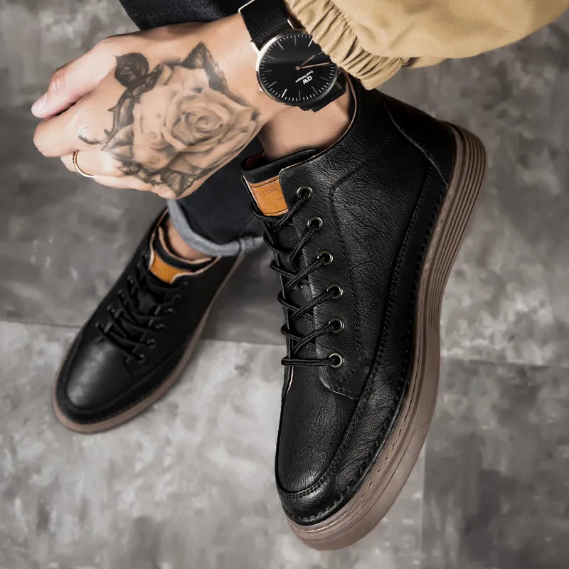 Men's lace-up ankle boots with stitched panels and platform sole
