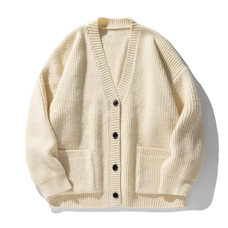 Women's oversized ribbed V-neck cardigan with buttons and patch pockets
