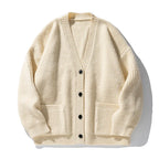 Women's oversized ribbed V-neck cardigan with buttons and patch pockets