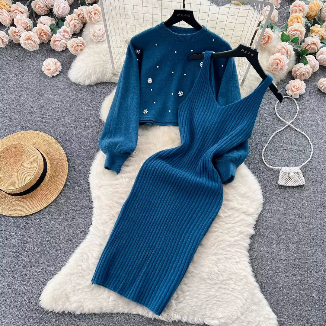 Women's Ribbed Knit Dress and Cropped Jumper Set