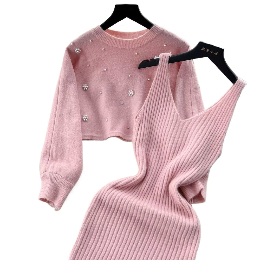 Women's Ribbed Knit Dress and Cropped Jumper Set