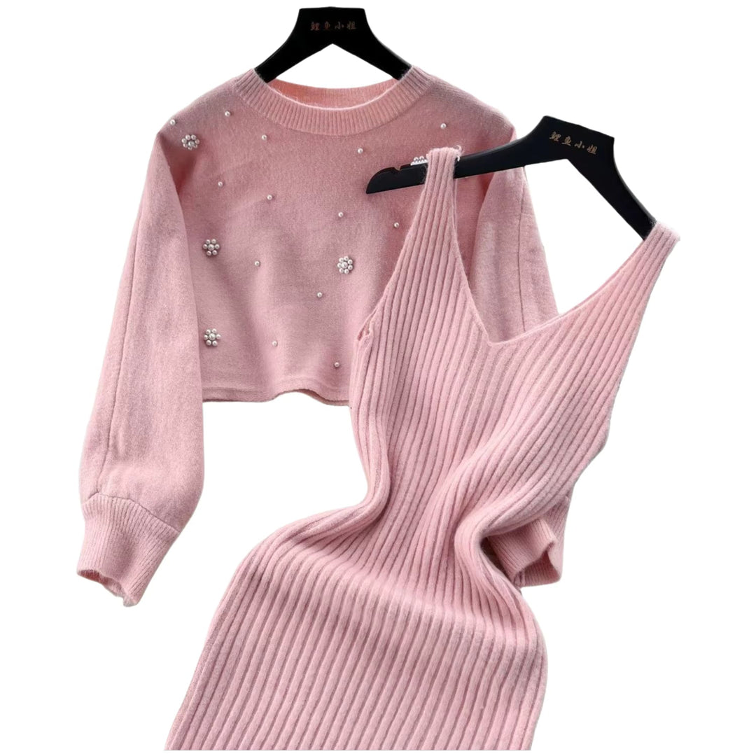 Women's Ribbed Knit Dress and Cropped Jumper Set