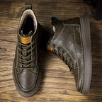 Men's lace-up ankle boots with stitched panels and platform sole