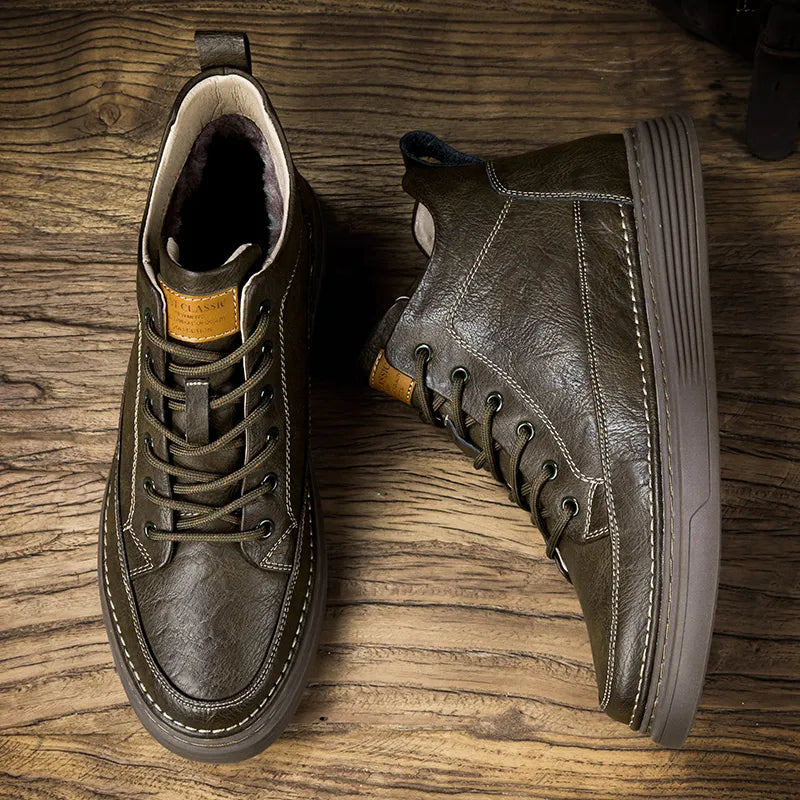 Men's lace-up ankle boots with stitched panels and platform sole