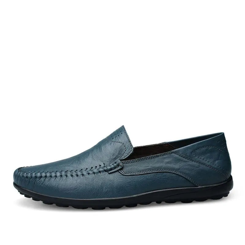 Men's slip-on leather loafers with rounded moc toe and stitched detailing