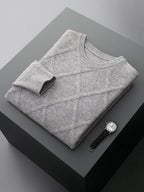 Long-sleeve diamond pattern crew neck sweater with ribbed trims