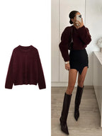 Women's relaxed crew neck sweater with long sleeves and ribbed trims