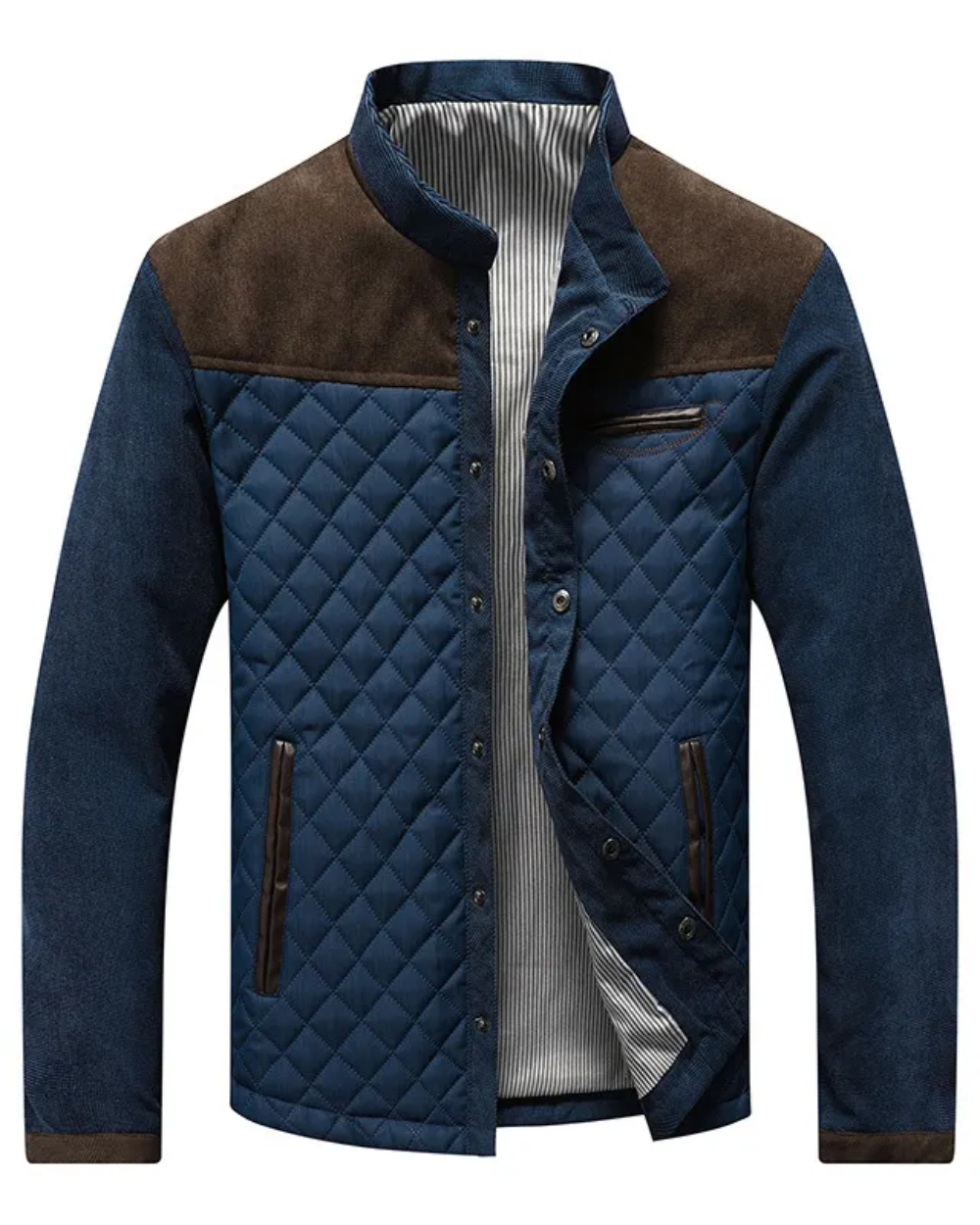 Men's diamond-quilted jacket with stand collar, contrast shoulder panels and pockets