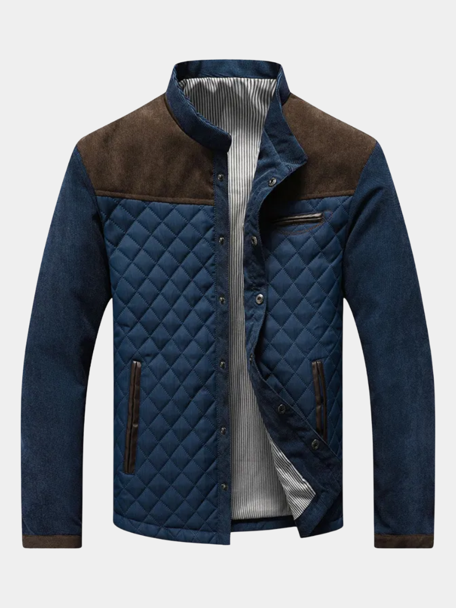 Men's diamond-quilted jacket with stand collar, contrast shoulder panels and pockets