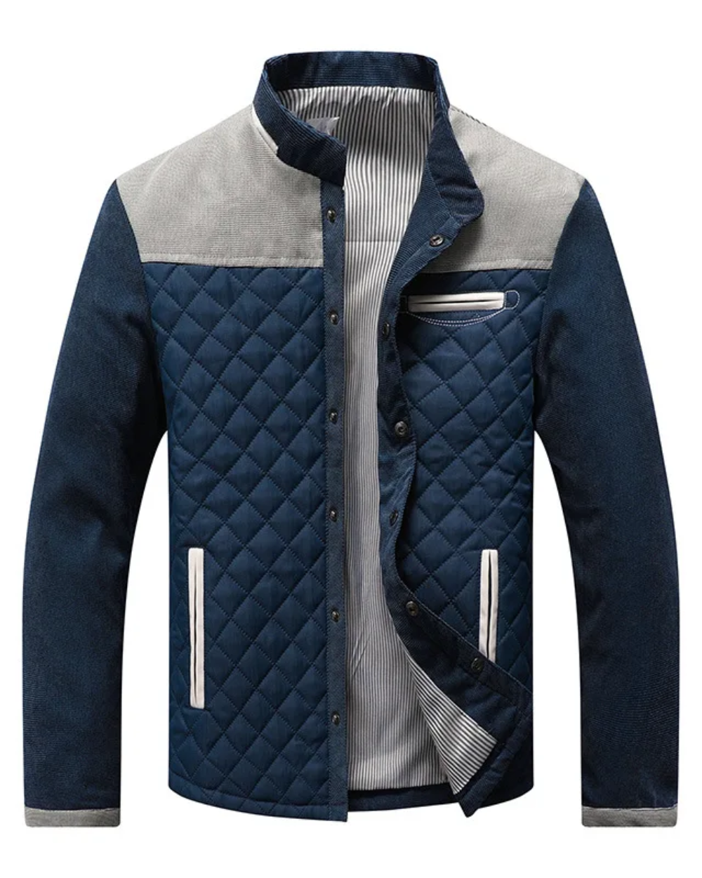 Men's diamond-quilted jacket with stand collar, contrast shoulder panels and pockets