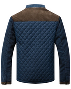 Men's diamond-quilted jacket with stand collar, contrast shoulder panels and pockets