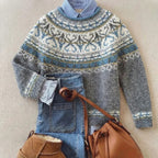 Women's grey Fair Isle knit sweater with crew neck and long sleeves