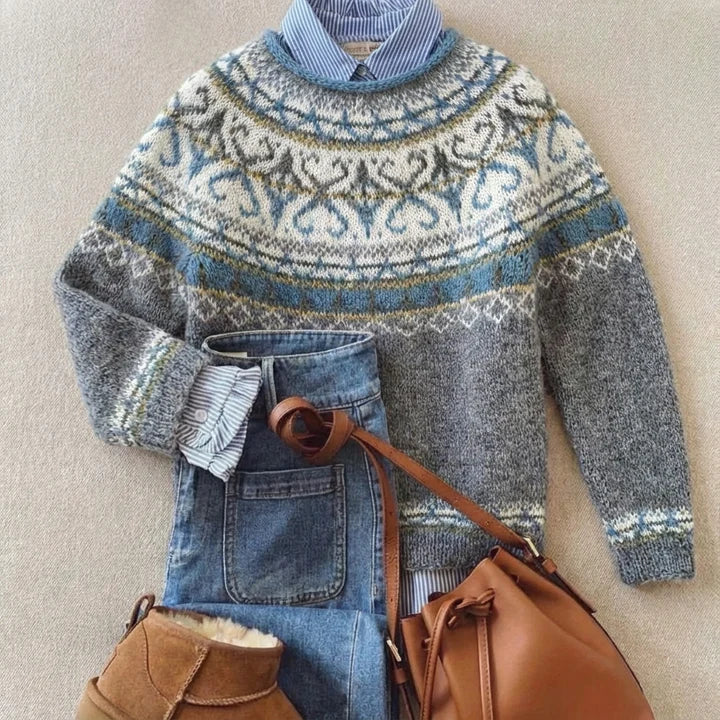 Women's grey Fair Isle knit sweater with crew neck and long sleeves