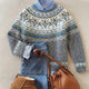 Women's grey Fair Isle knit sweater with crew neck and long sleeves