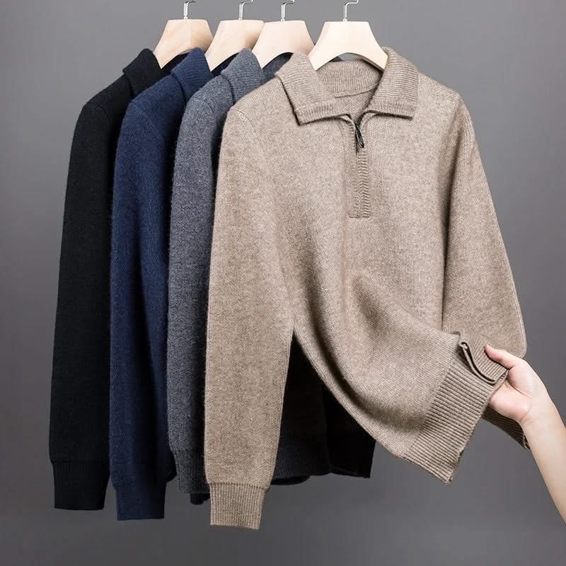 Men's plain quarter zip sweater with knitted collar and ribbed trims
