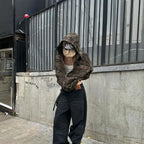 Women's brown camouflage hooded jacket with front zipper and long sleeves