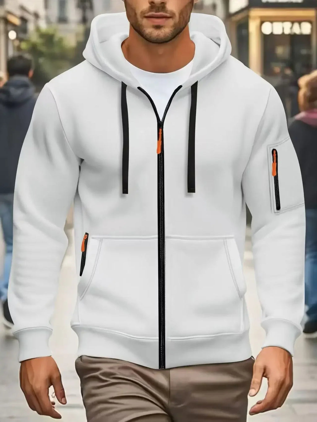 Men's dark green hooded zip-up hoodie with long sleeves and multiple zipped pockets