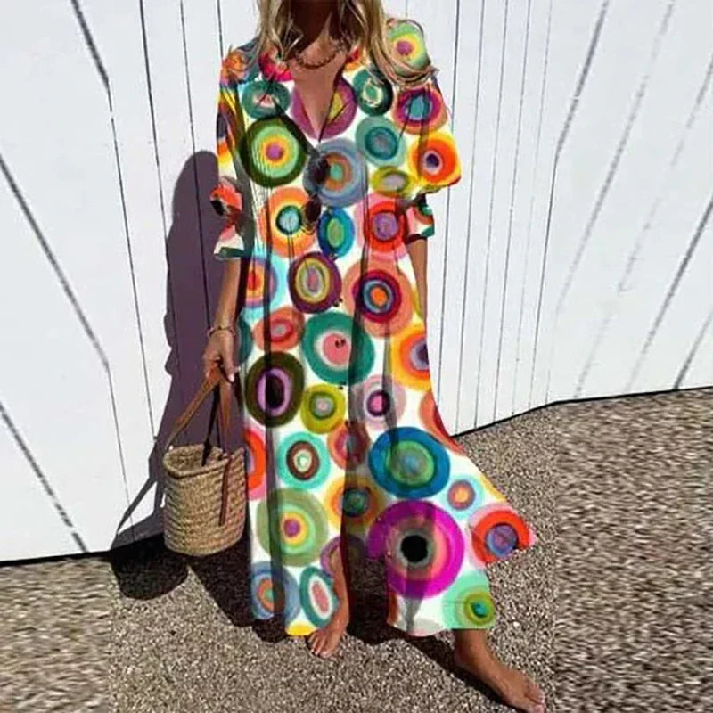 Women's multicolor floral V-neck maxi dress with three-quarter sleeves