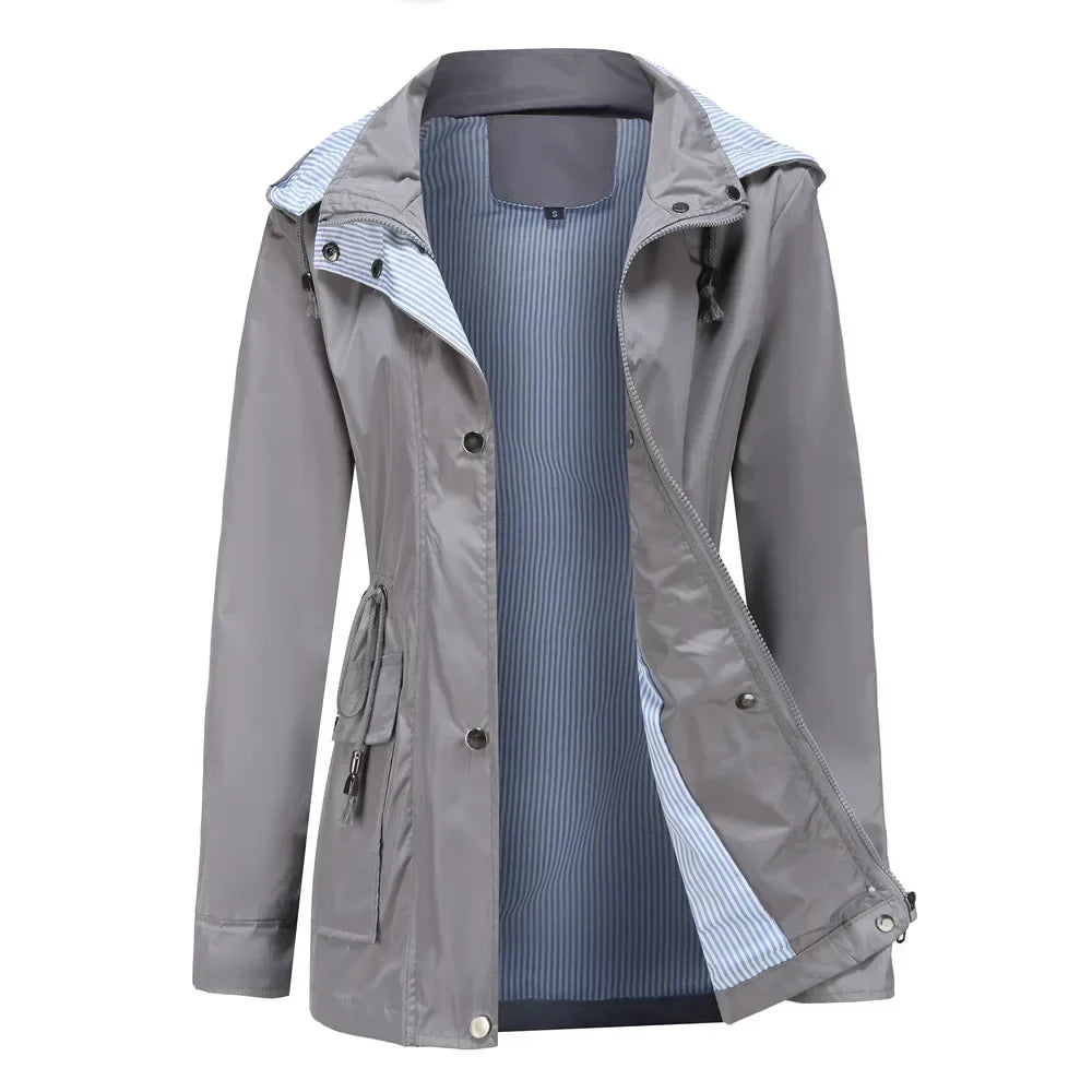 Women's hooded long-sleeved trench coat with zip front and pockets