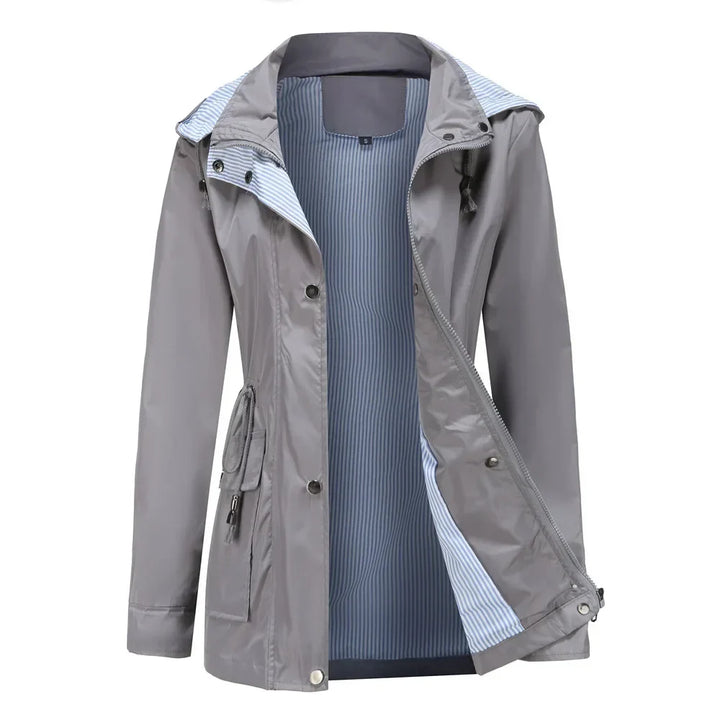Women's hooded long-sleeved trench coat with zip front and pockets