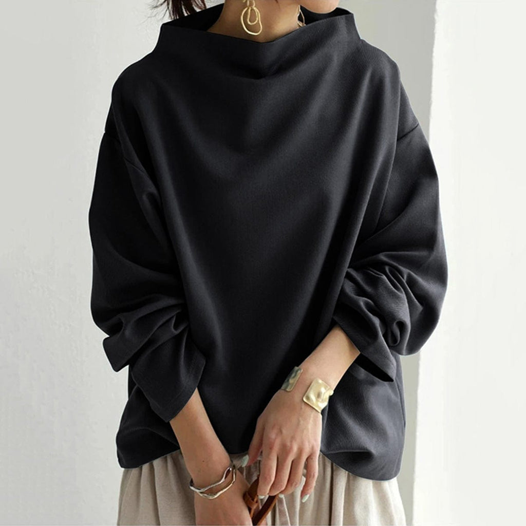 Women's plain high neck top with long sleeves and relaxed fit