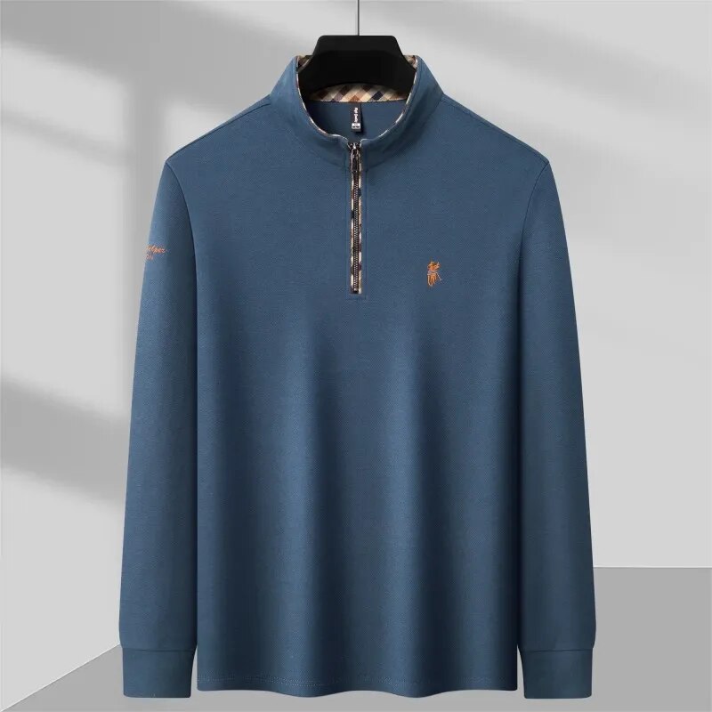 Men's quarter zip knit pullover with mock neck and checkered collar lining
