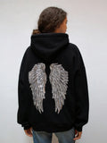 Women's hooded hoodie with large sequin wing motifs on the back