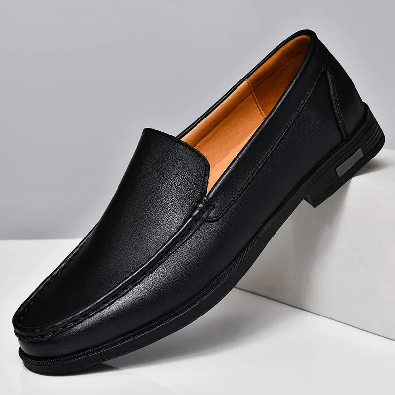 Men's slip-on moc toe loafers in black and brown