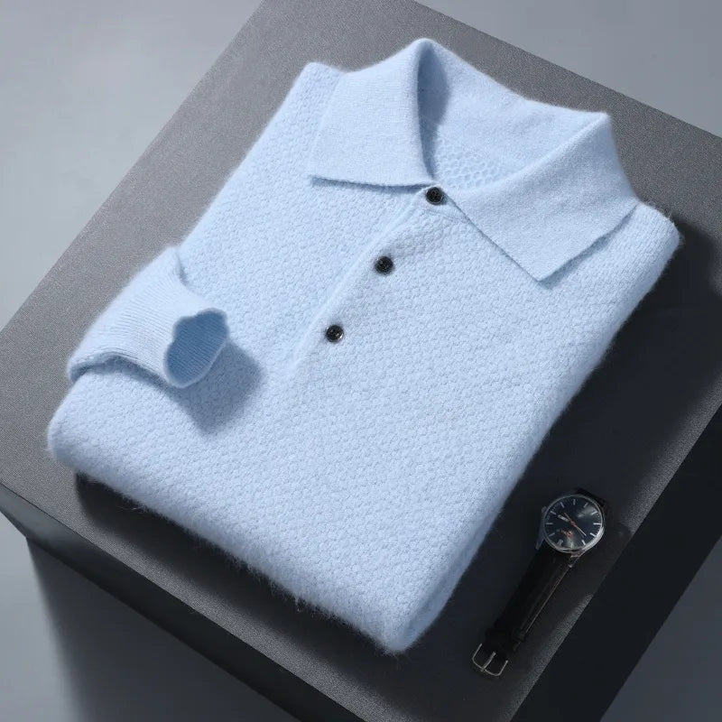 Men's textured polo sweater with collar and button placket