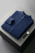 Men's long-sleeve zip-up cardigan with ribbed mock neck and trims