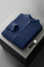 Men's long-sleeve zip-up cardigan with ribbed mock neck and trims