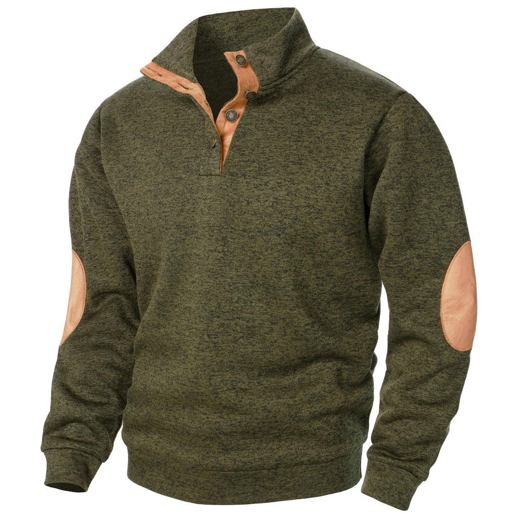 Men's textured mock neck sweater with contrast elbow patches