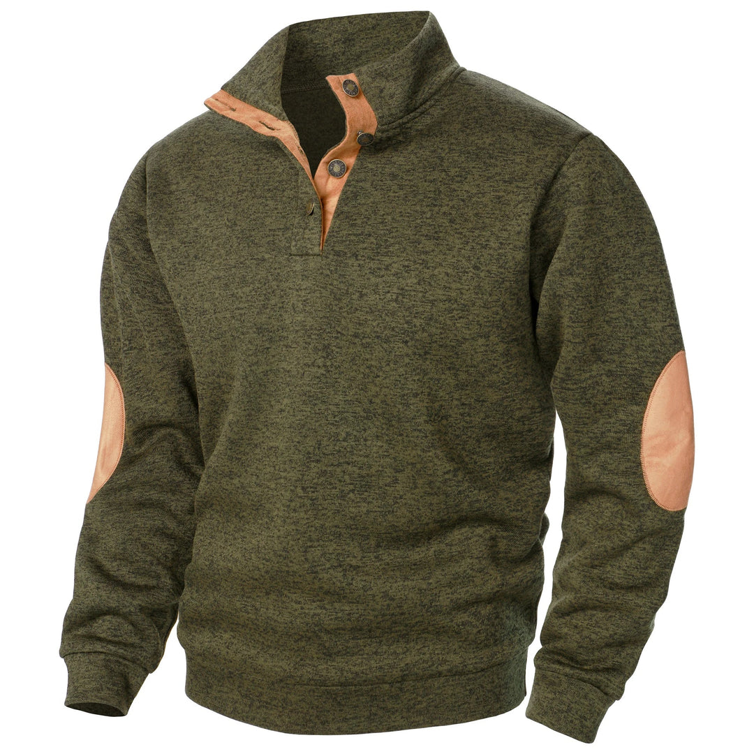 Men's textured mock neck sweater with contrast elbow patches