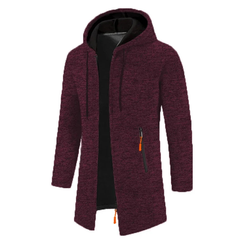 Men's long textured hooded jacket with full zip fastening and zipped pockets
