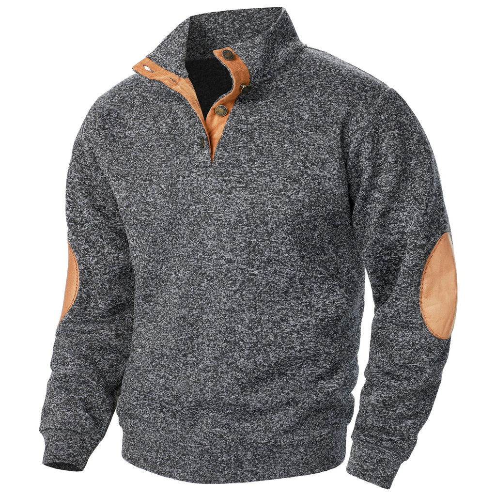 Men's textured mock neck sweater with contrast elbow patches