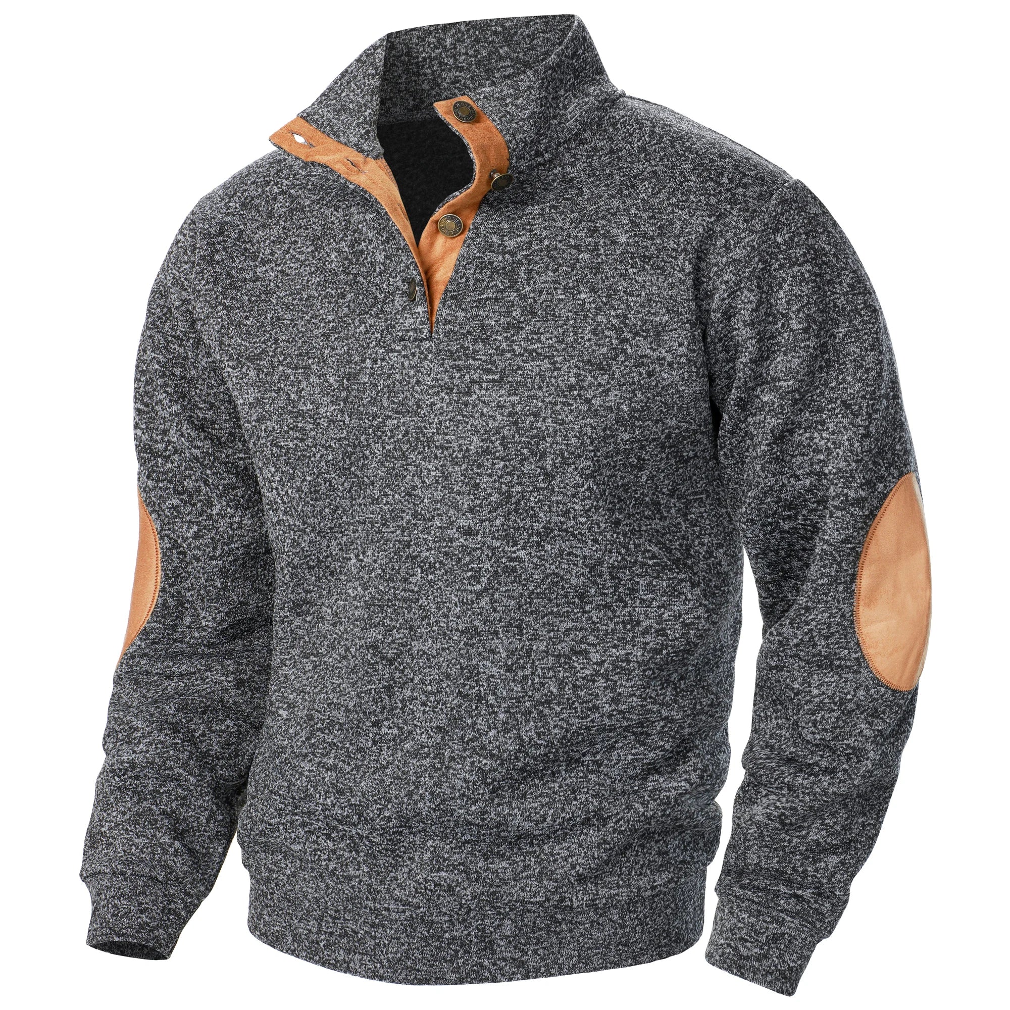 Men's textured mock neck sweater with contrast elbow patches