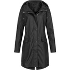 Women's hooded mid-length raincoat with long sleeves and front pockets