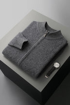 Men's long-sleeve zip-up cardigan with ribbed mock neck and trims