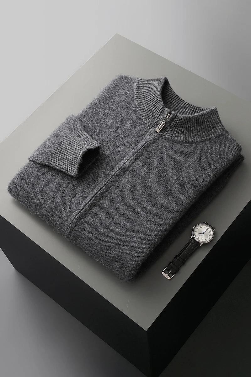 Men's long-sleeve zip-up cardigan with ribbed mock neck and trims