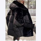 Women's hooded puffer jacket with faux-fur trim