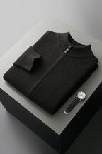 Men's long-sleeve zip-up cardigan with ribbed mock neck and trims