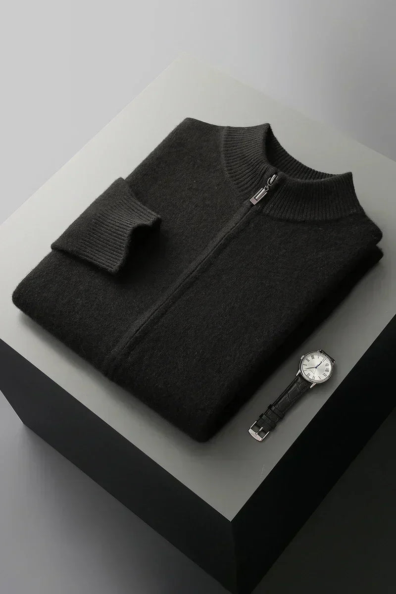 Men's long-sleeve zip-up cardigan with ribbed mock neck and trims