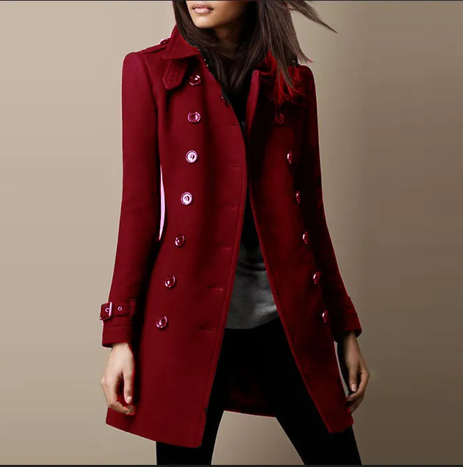 Women's mid-length double-breasted trench coat with buckle cuffs