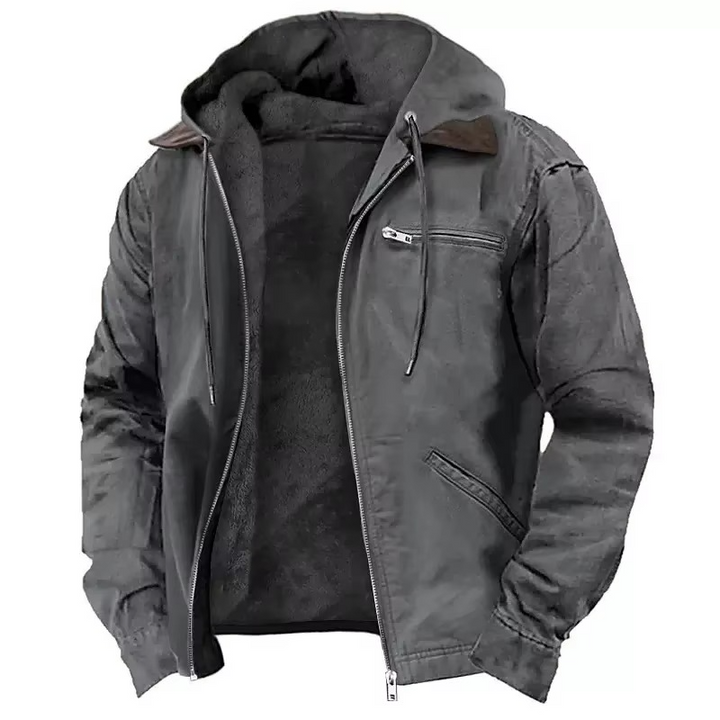 Men's hooded workwear jacket with zip front and utility pockets