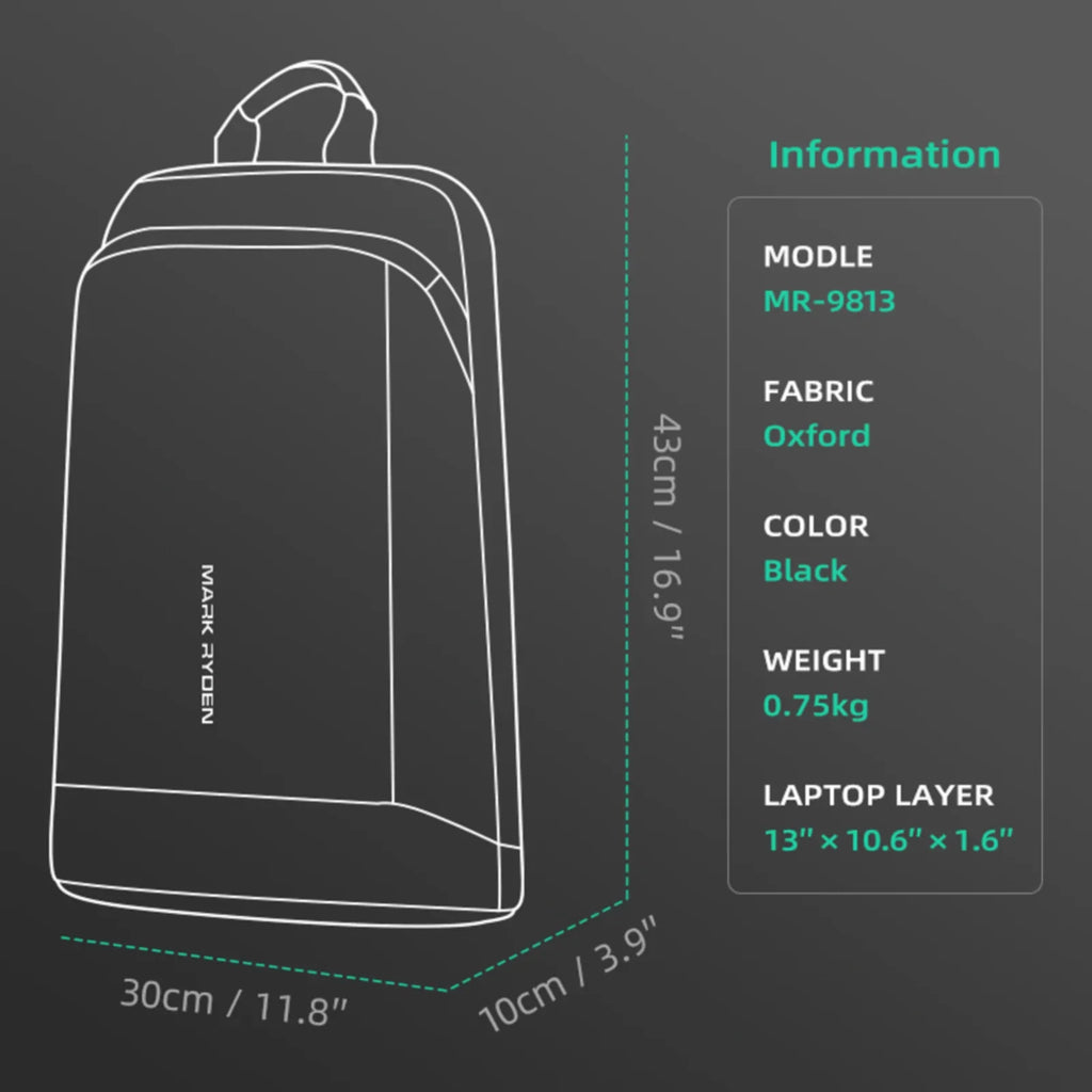 Black slim laptop backpack for men with padded straps and front pocket