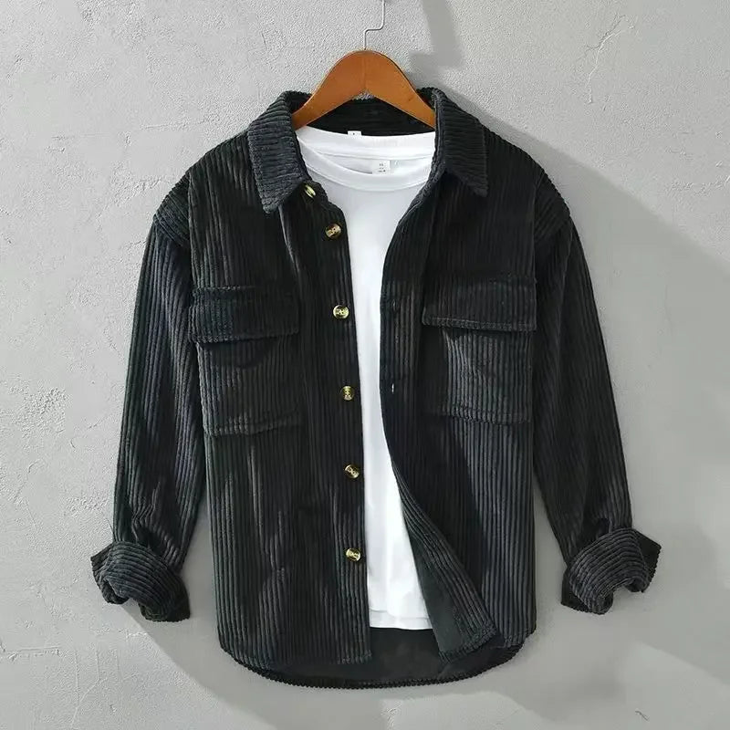 Men's long-sleeved corduroy shirt with button front and two chest pockets