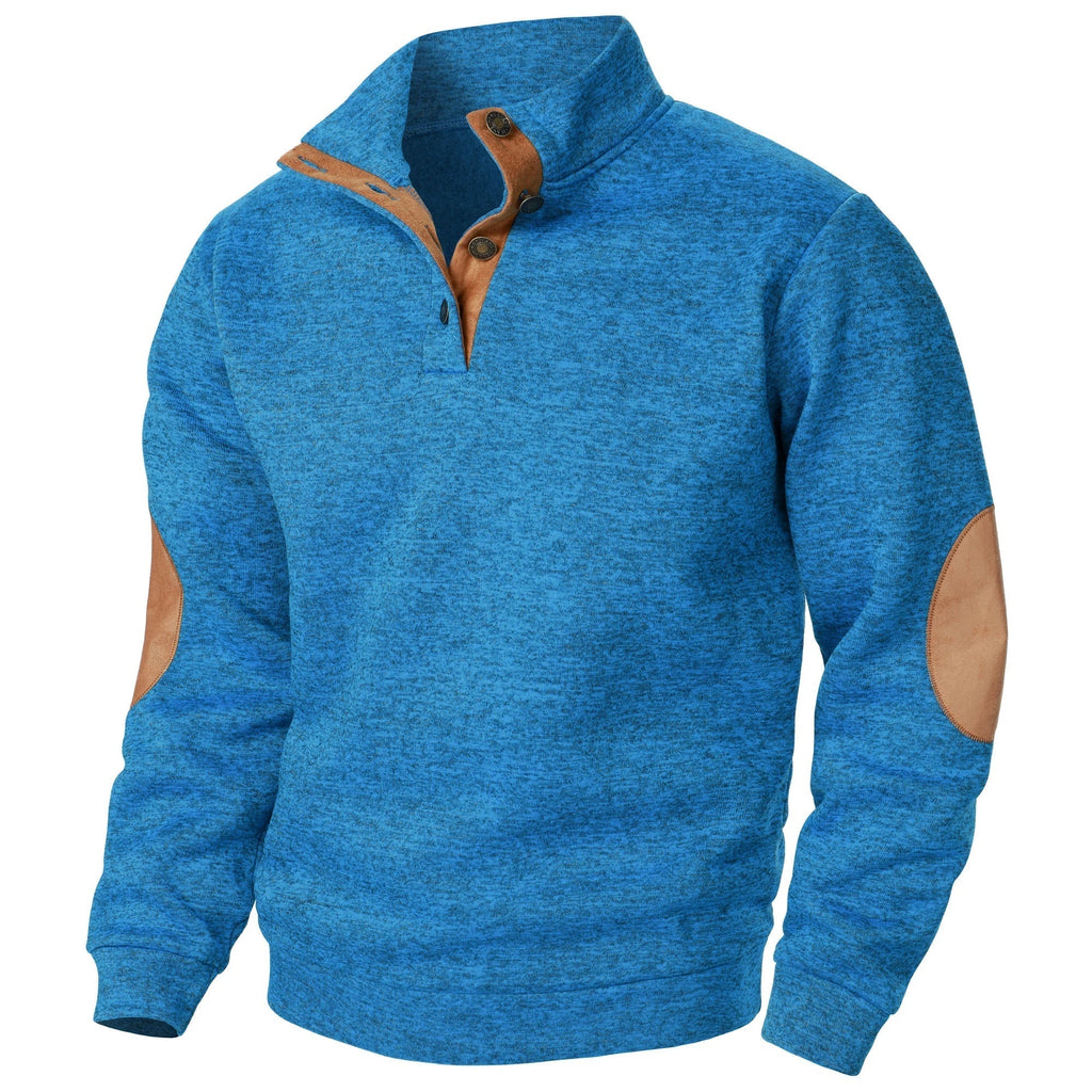 Men's textured mock neck sweater with contrast elbow patches
