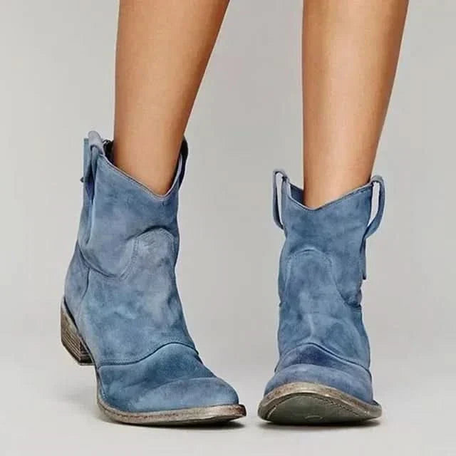 Women's western-style ankle boots with pull tabs and low block heels
