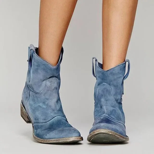 Women's vintage western ankle boots with pointed toes, pull tabs and block heels